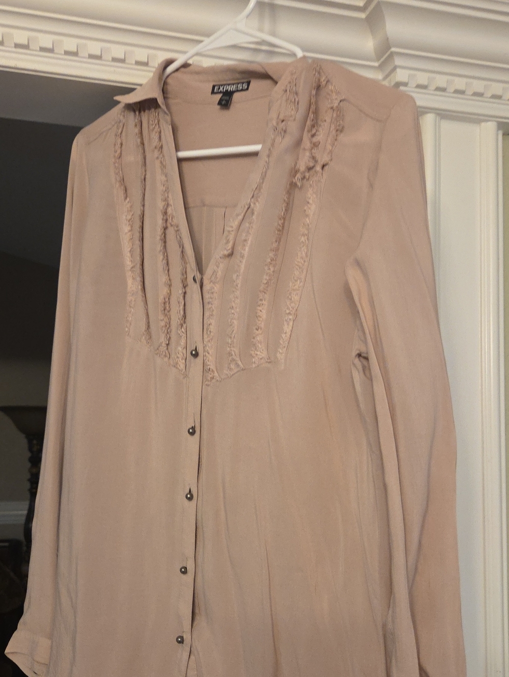 Express Beige Ruffle-Trim Button Down Shirt
